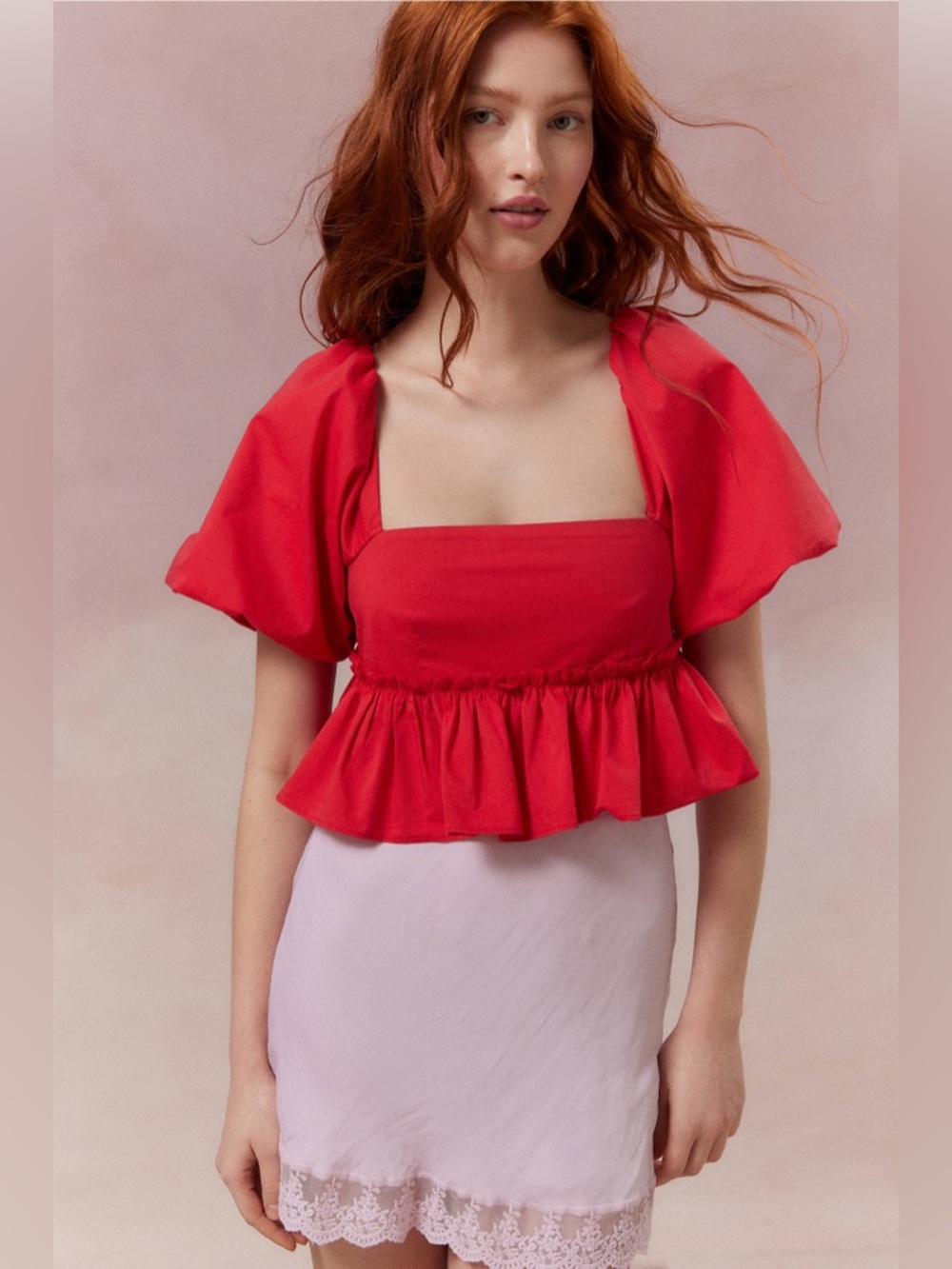 Kimchi Blue Lara cropped baydoll blouse red plum puff sleeves